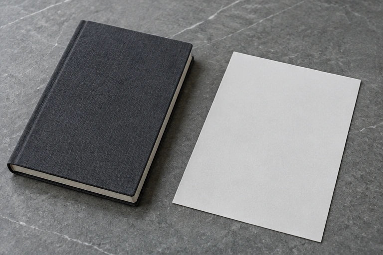 A closed notebook and a face-down paper statement on a gray table